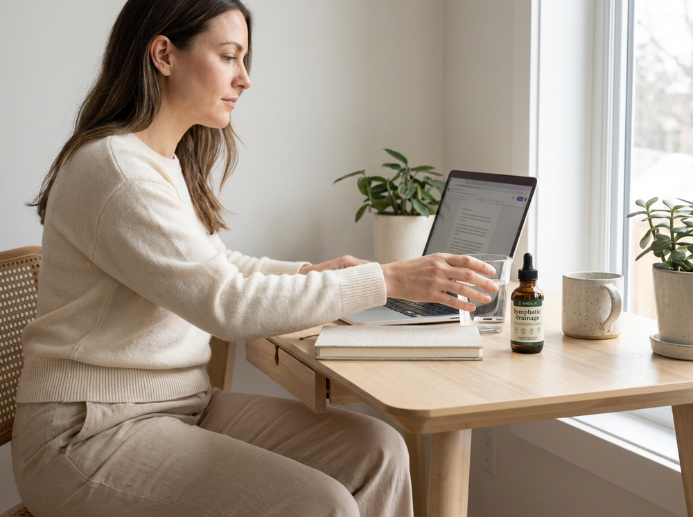 Working at a desk with a glass of water